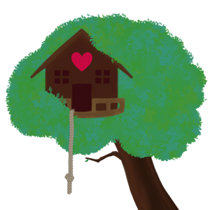 A drawing of a tree in the shape of a brain with a tree house in it. The tree house has a rope hanging from its doorway, and a red heart painted beneath its roof.